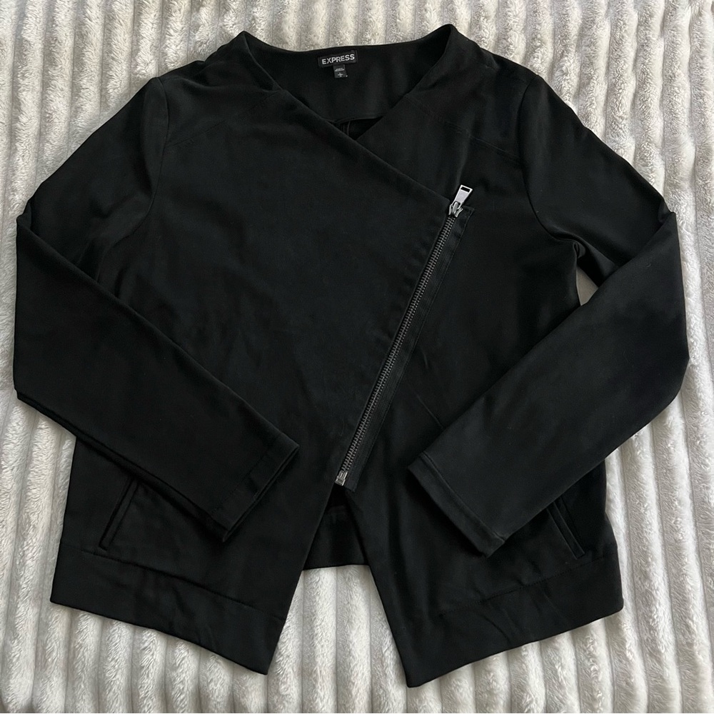 Express Women's Black Faux Suede Asymmetrical Zip Up Jacket Size Large